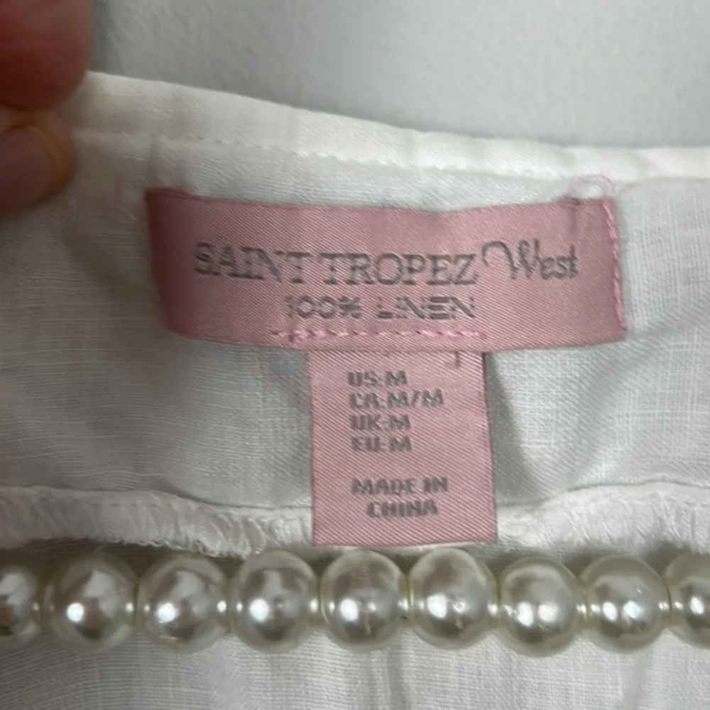 Saint Tropez West White Linen Crochet-Trim Cap Sleeve Top - Picture 5 of 7